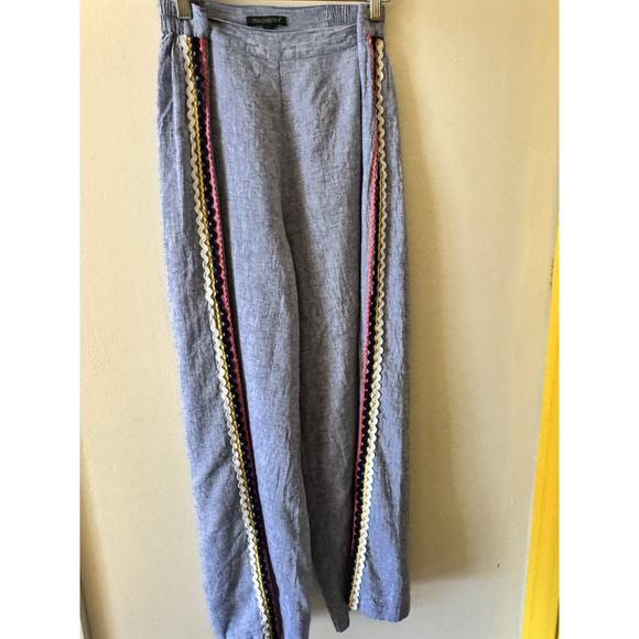 For Cynthia Ric Rac trimmer chambray wide leg pants boho coastal beachy linen L - Picture 2 of 7